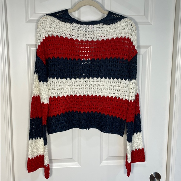 33 Degrees Americana Crochet Striped Cardigan Small Long Flare Sleeve V Neck - Picture 6 of 12